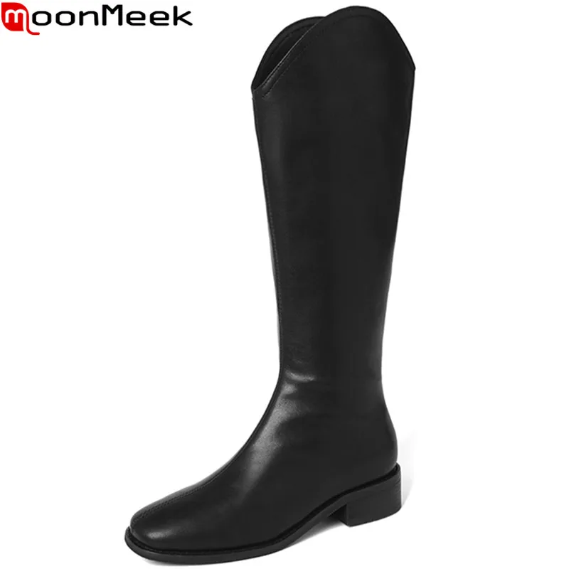 

MoonMeek 2022 New Arrive Square Med Heels Knee High Boots Solid Dress Shoes Zipper Ladies Genuine Leather Women Winter Boots