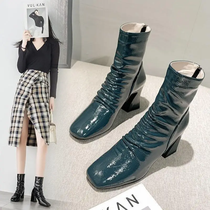 

Wrinkled Patent Leather Square-toe Thick-heeled Short Boots Women's 2022 Summer New Thin High-heeled Shoes Glossy Net Red Short