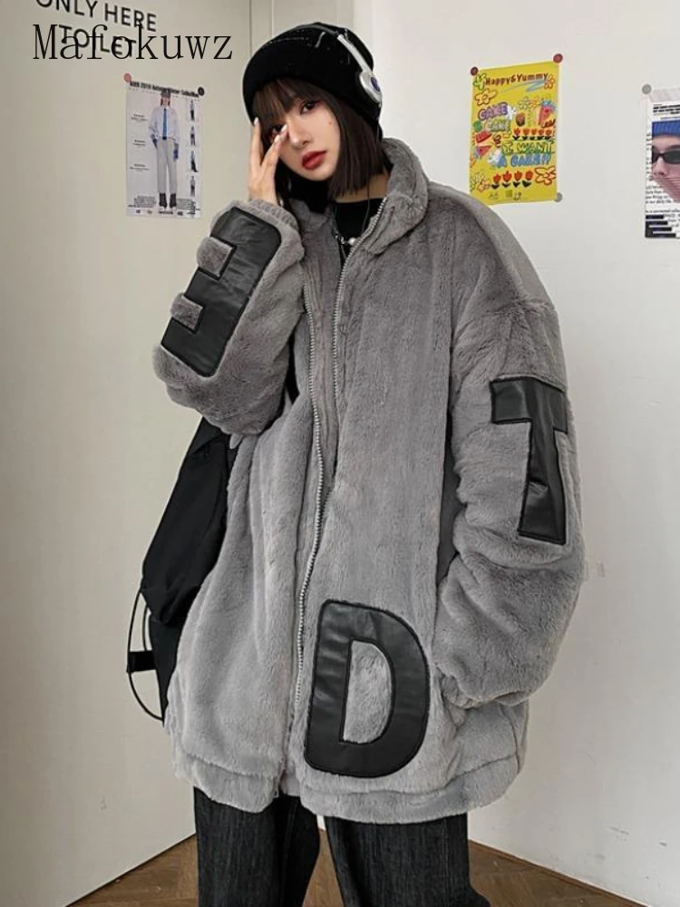 

Mafokuwz Lamb Wool Coat Unisex Winter Harajuku Quilted Thickened Stand-up Collar Jacket Oversize Hip Hop Letters Padded Coat