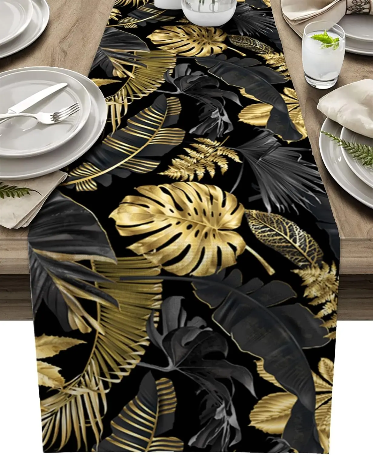 

Льняная дорожка для стола Tropical Black Golden Leaves