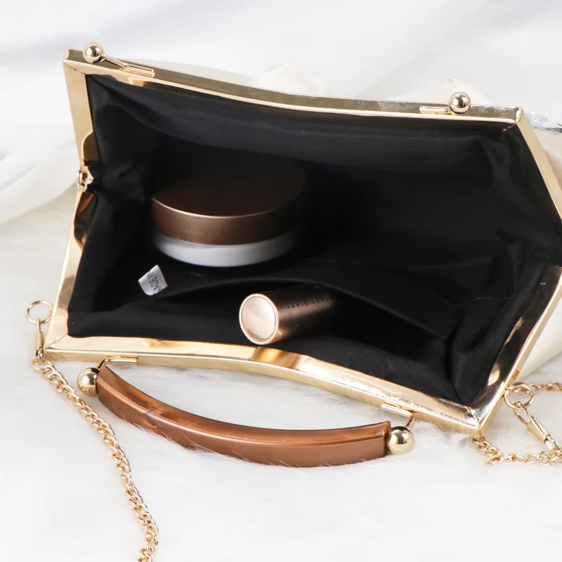 Elegant Fashion Cheongsam Evening Bags For Women Simple Beige Black Small Clutches Handbags Banquet Party Chain Shoulder Bags