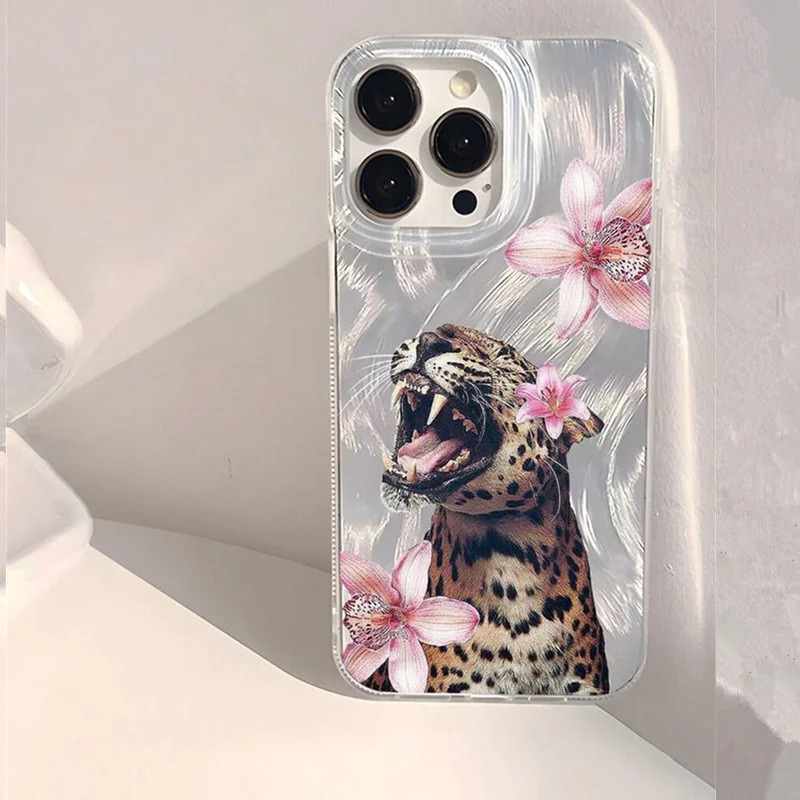 Фото Чехол для телефона iPhone 14 13 15 16 Pro Max 16E 11 12 8 7 Plus X XR XS SE 2022 Блестящая задняя крышка с животным цветочным и леопардовым узором №3