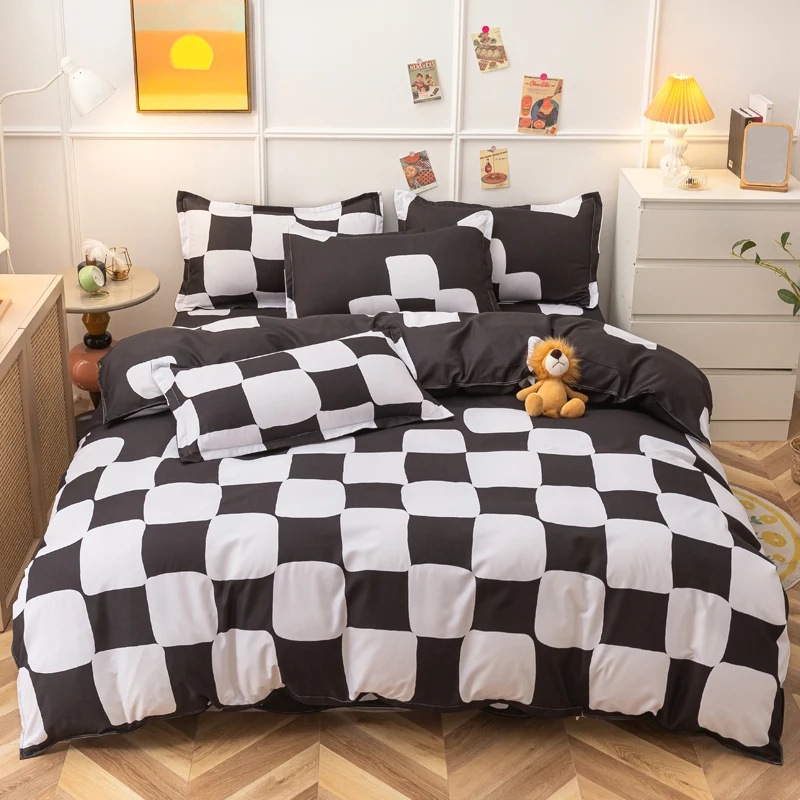 

Classic Black and White Bedding Set Queen Double Bed Linens Duvet Cover Bed Sheet and Pillowcase Quilts Cover Home Flat Sheets