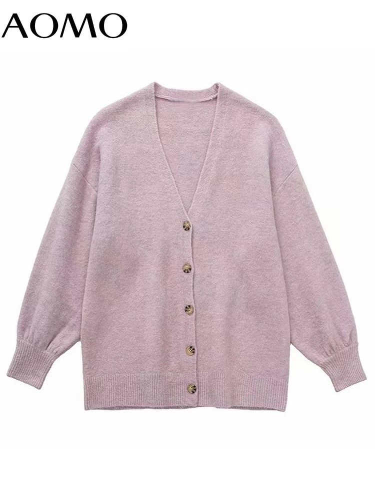 

AOMO Women 2022 Spring Solid V Neck Knit Cardigan Sweater Vintage Lantern Long Sleeves Female Outerwear 3H202A