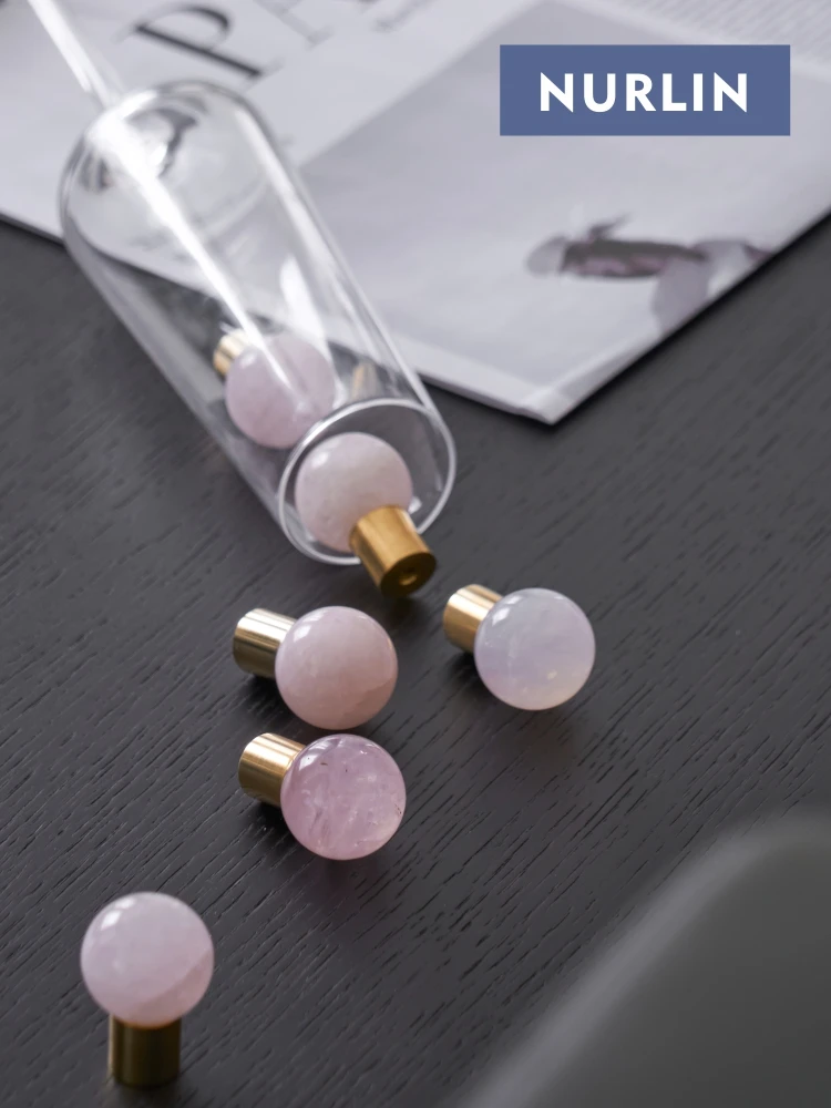 

NURLIN Solid Ball Shaped Natural Pink Rock Crystal Quartz Stone Brass Furniture Drawer Wardrobe Knob Cabinet Handles Wall Hook