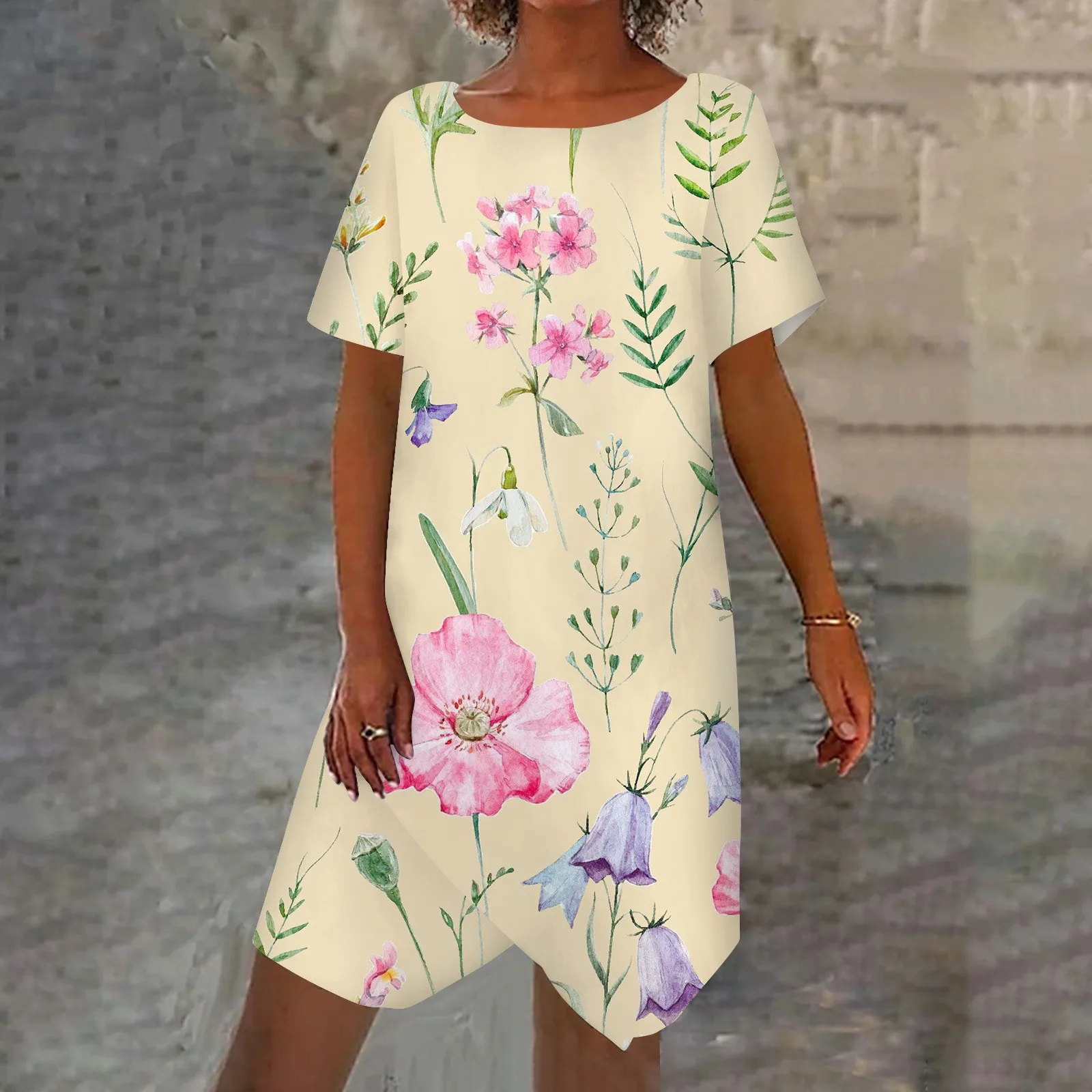 

Women's dress 2023 Fashion O Neck Summer Short Sleeves Irregular Hem Elegant Casual Printed mini Dress vestidos para mujer