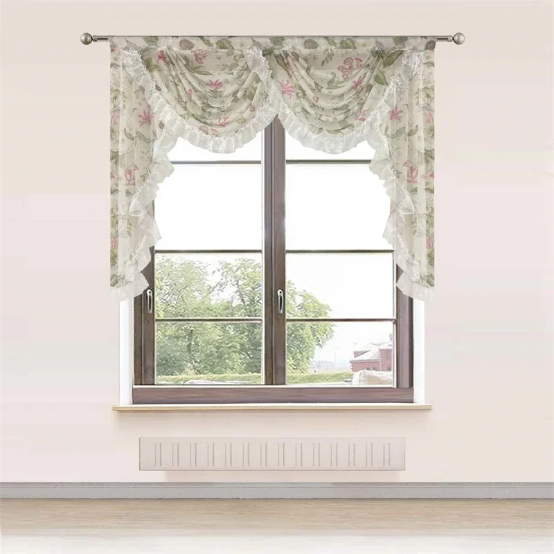 

Pastoral Floral Sheer Valance Curtains Luxury Voile Wave Waterfall Scallop Curtain Custom Window Panel Drapes For Living Room