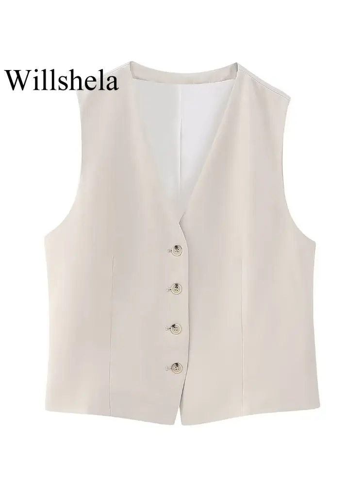 

Willshela Women Fashion Khaki Back Slit Single Breasted Vest Waistcoat Vintage V-Neck Sleeveless Female Chic Lady Tank Tops