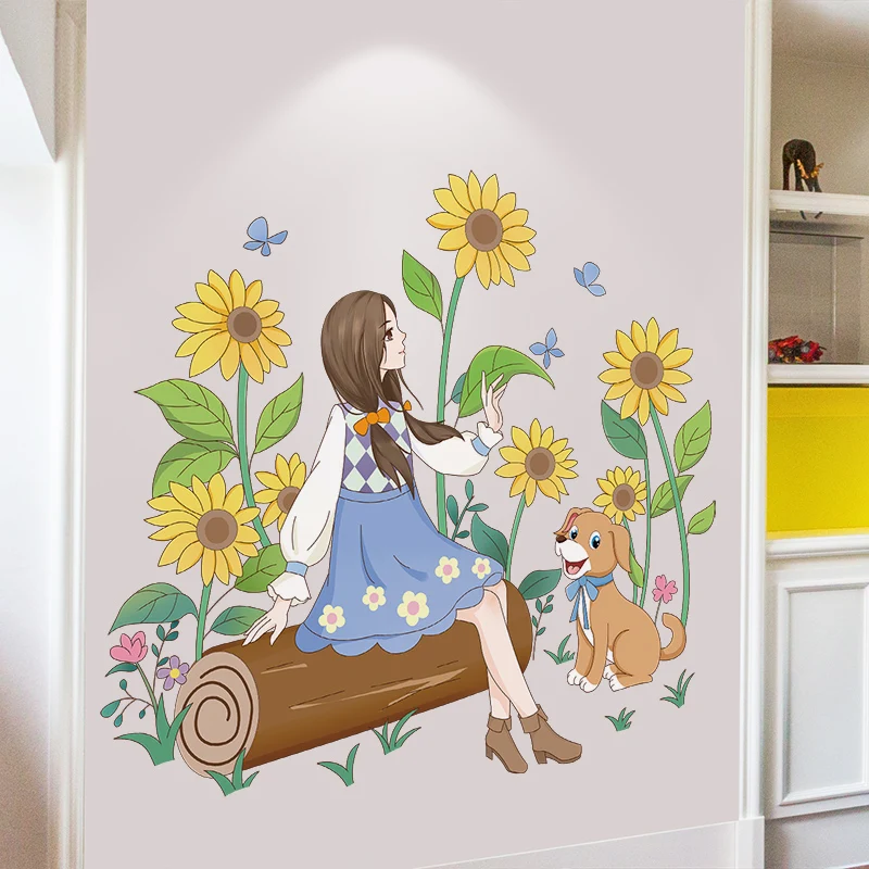 

[SHIJUEHEZI] мультфильм девушка собака наклейки на стену DIY подсолнухи растения роспись наклейки для детской комнаты Детская Спальня украшение для дома