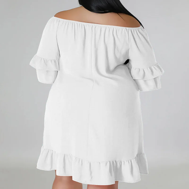 Plus Size Summer New Women's Clothing Solid Color Fashion Off Shoulder Patchwork Ruffles Half Sleeve Sweet Princess Dresses