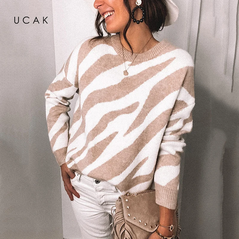 

UCAK Autumn Winter New Women's Tops Long Sleeve Loose V-neck Pullover Halter Knit Stripe Sweater Women's Clothes Knitwear BP227