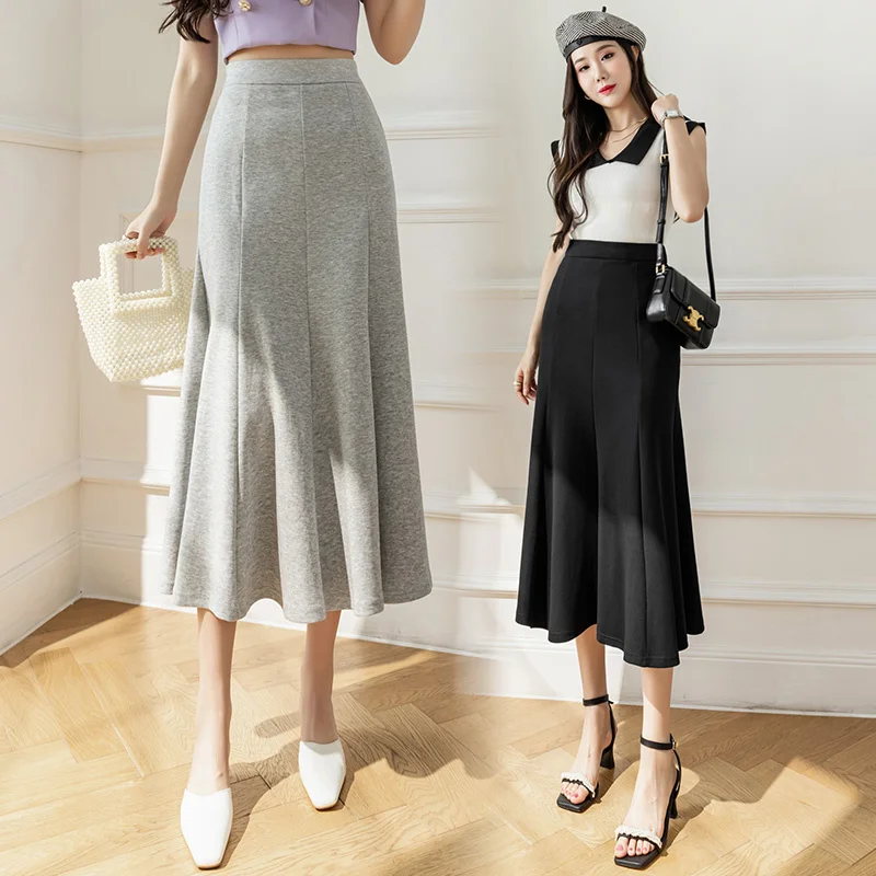 Женская трикотажная длинная юбка, Весенняя модная эластичная юбка с завышенной талией, яркая Однотонная юбка-годе P317, 2023