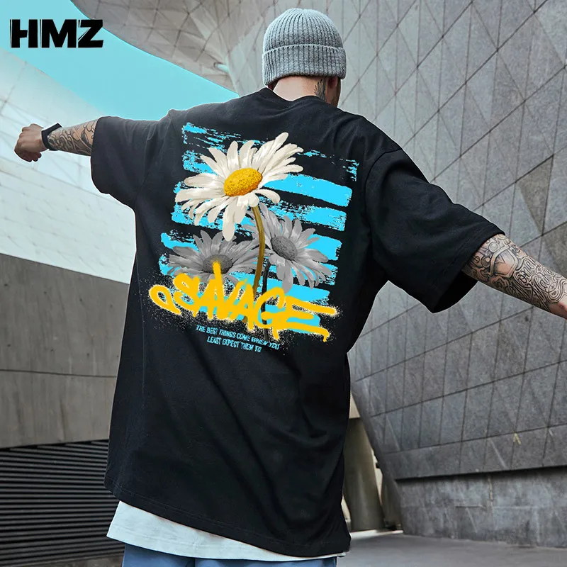 

Футболка HMZ мужская оверсайз в стиле хип-хоп, хлопковая тенниска с цветами, уличная одежда в стиле Харадзюку, Винтажная Майка в Корейском сти...