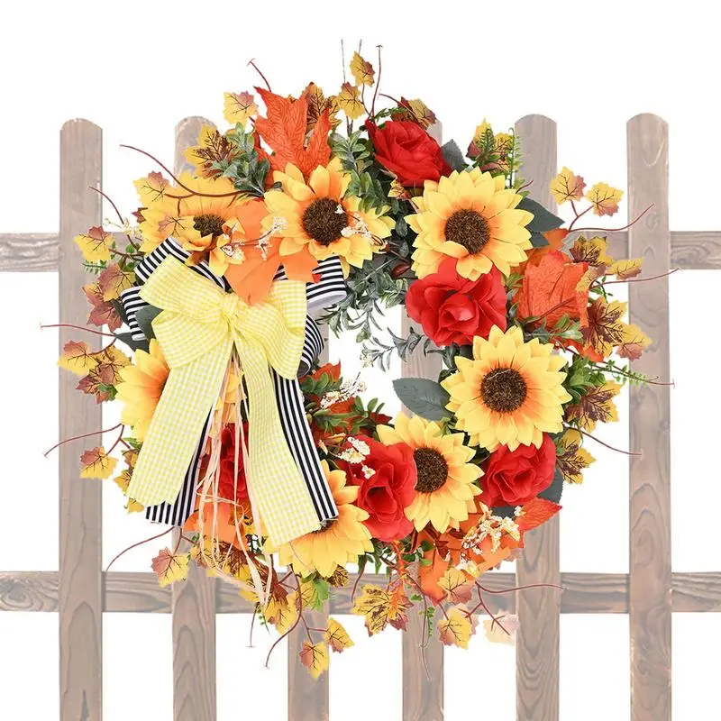 

Thanksgiving Sunflower Wreath With Bowtie Durable Sunflower Door Autumn Wreath Sunflower Decor For Front Door Lovely Fall Wreath