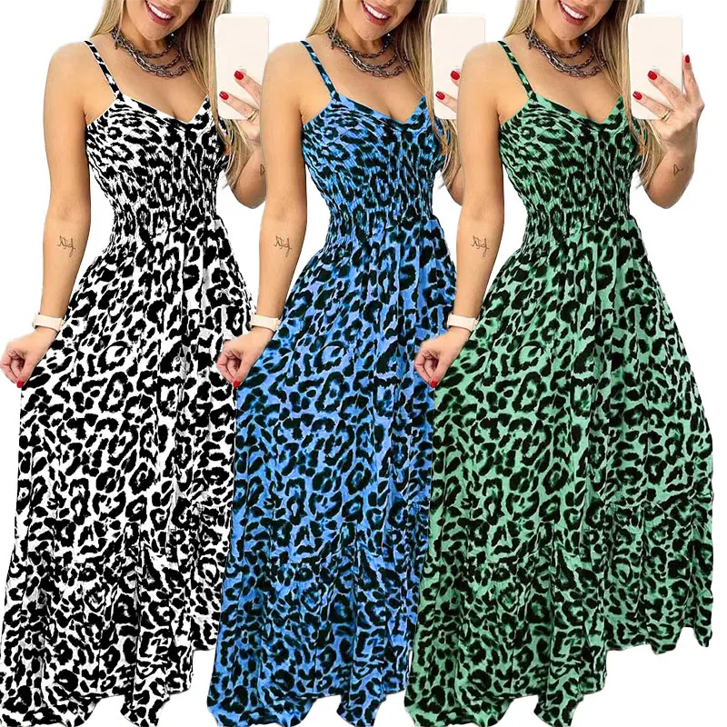 

Женское пляжное платье с леопардовым принтом, летнее сексуальное длинное платье на бретелях-спагетти с V-образным вырезом и открытой спиной...