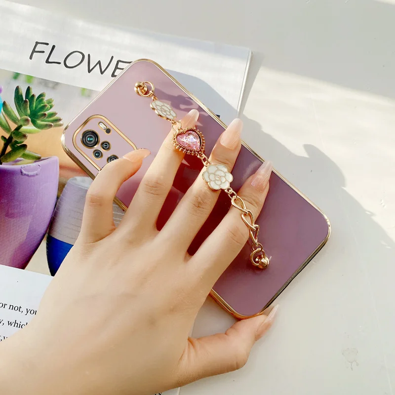 

Girls Pink Flower Love Heart Chain Case for Xiaomi Redmi Note 10 4G Note 10S 10T 10 Pro Max Note 11S 11E 11 Pro Plus Poco M3 Pro