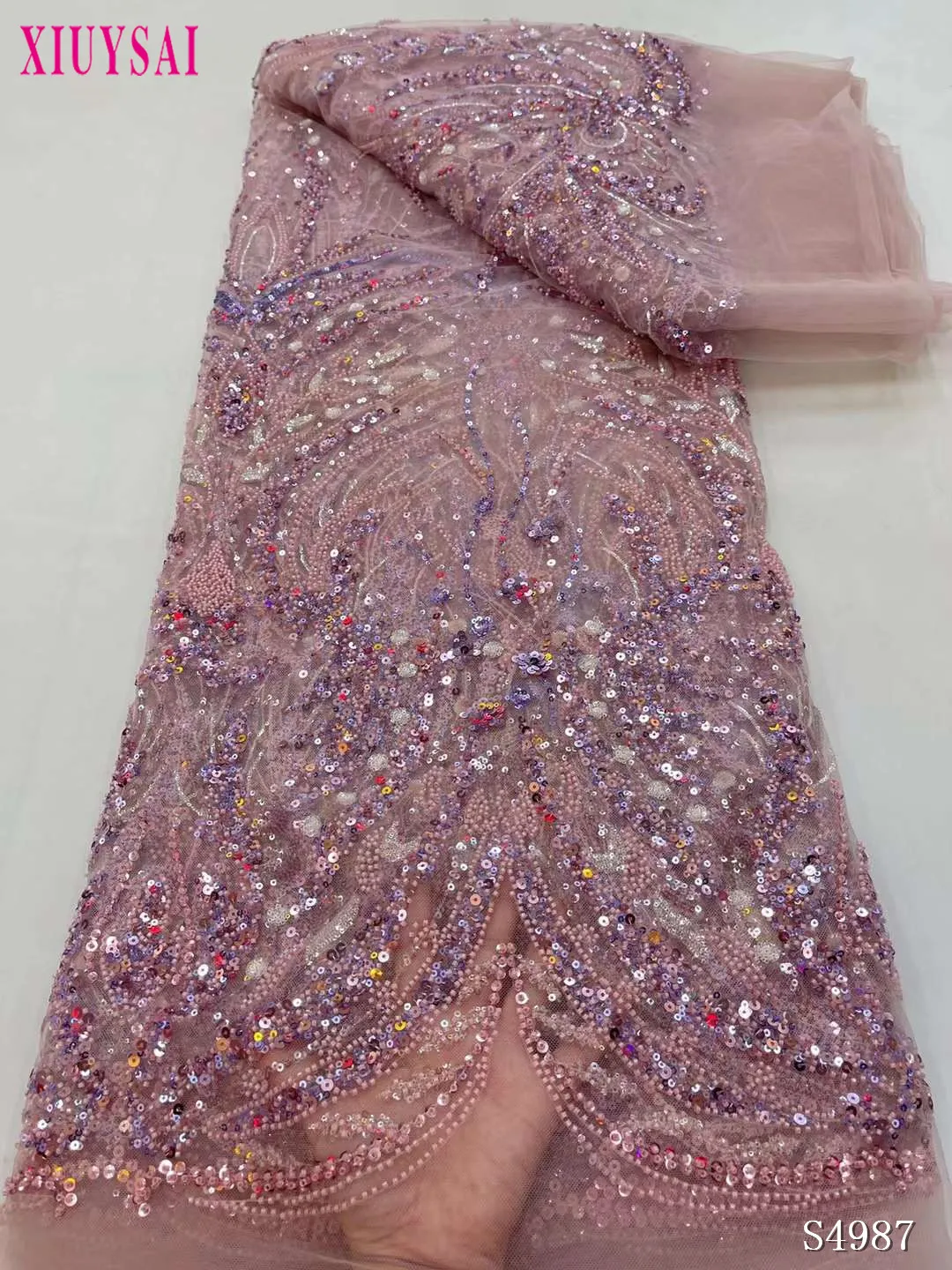 

Роскошные розовые бусины, африканская кружевная ткань 2023, высококачественные Французские тюлевые блестки, нигерийские Свадебные ткани Asoebi для шитья