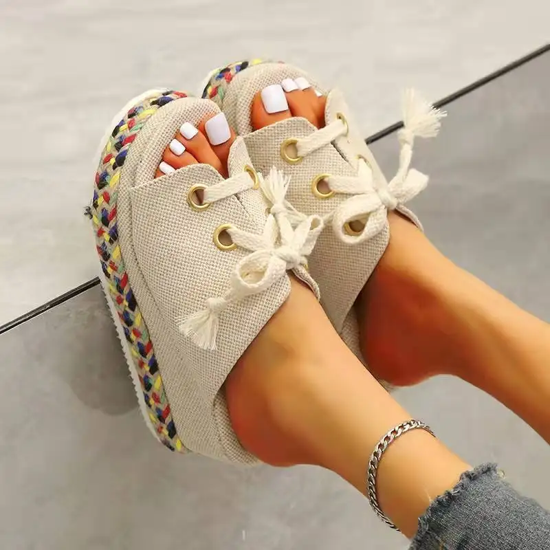 

Women Sandals 2022 Summer Lace Up Slippers Height Increase Wedge Slippers Women Open Toe Straw Platform Sandals Sandalias Mujer