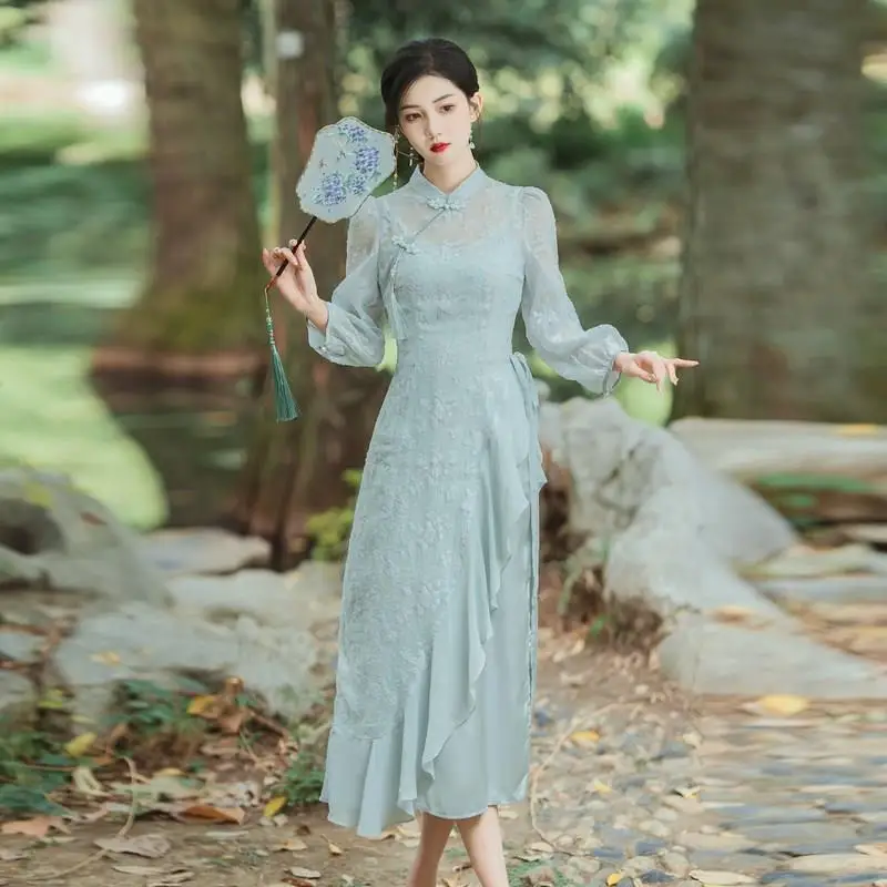 

2023 Spring Autumn Women's Retro Cheongsam Chinese Dress Modified Qipao Two-piece Fairy Temperament Gentle and Elegant Chi-pao