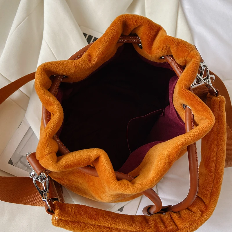 Female Brown Shoulder Bag Quality Velvet Small Ladies Drawstring Handbag Chic Original Letter Print Women Bucket Crossbody Bags