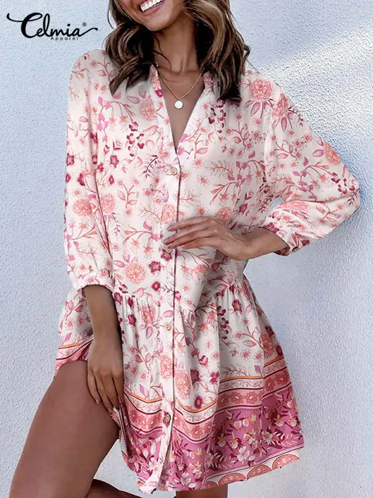 

Celmia Women 3/4 Sleeve Mini Dress Kaftan Floral Printing Bohemian Party Vestidos Holiday Casual V Neck Pleated A Line Dresses