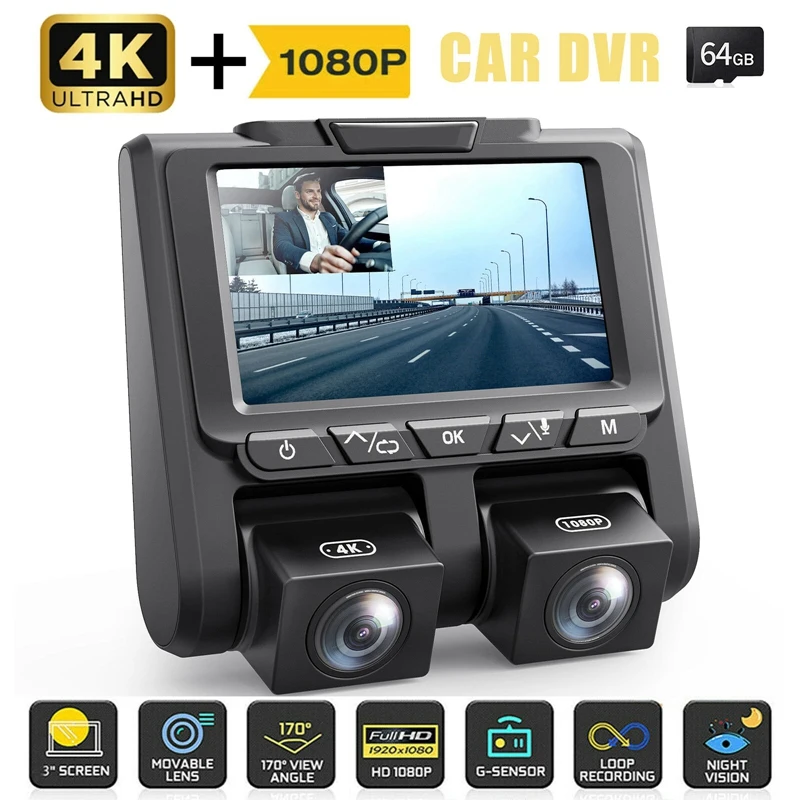 

4K Dual Dash Cam With 64 GB SD Card, 2160P Front And Inside Dual Lens Camera Car DVR Driving Recorder Parking Monitor