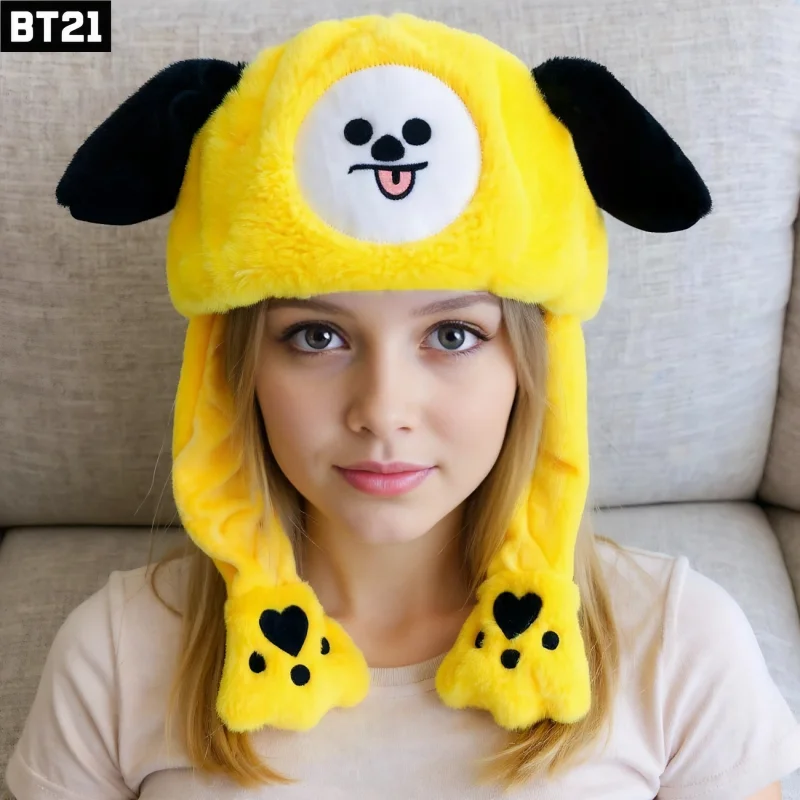 Фото Плюшевая шапка-шарф BT21 в стиле аниме с защитой для ушей, милая мультяшная шапка Cooky RJ Chimmy, зимняя модная пушистая цельная теплая шапка, подарок №1
