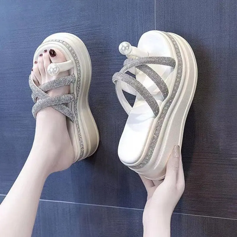 Summer Rhinestone Wedges Heel Women Slippers Platform Peep Toe Height Increasing Slides 2023 Sexy Ladies Shoes luxury sandals