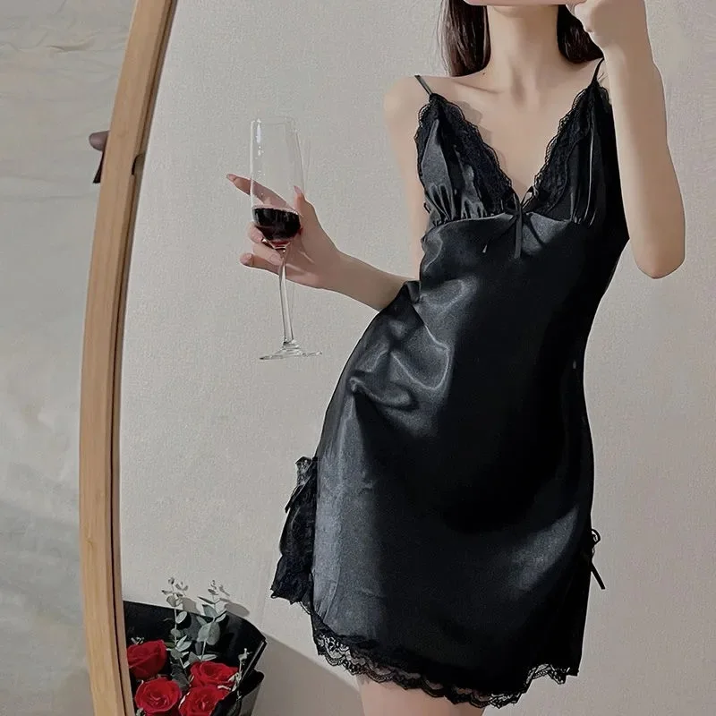 

Lace lace female spring and summer ice silk sleeping skirt short skirt beautiful back suspender sexy thin home clothes sexy bras