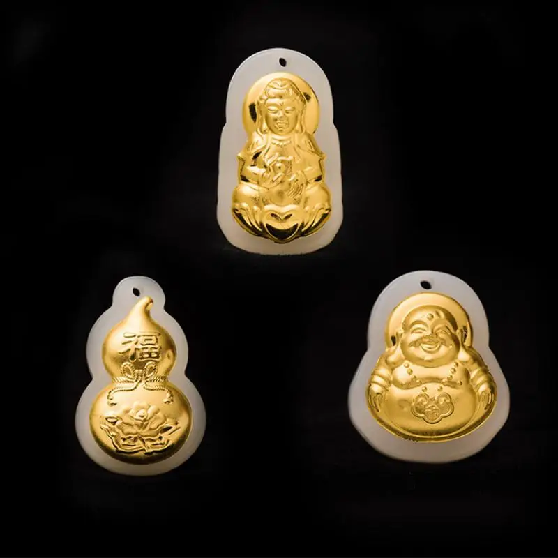 

HOYON Real 999 Solid Pure Gold Buddha Pendant White Jade Natural Chalcedony G999 Yellow Gold Jewelry for Men Women Birthday Gift