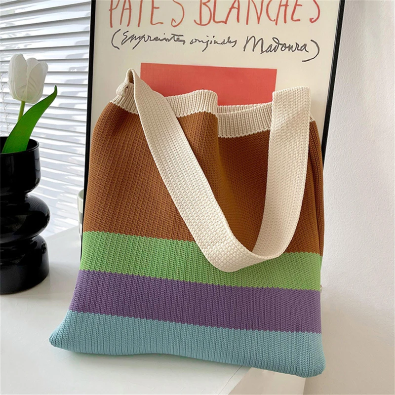

Women's Knitted Striped Shoulder Bag Female Woven Crossbody Handbag Eco Large Capacity Shopper Bag Retro Rainbow Storage Bag