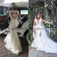 mermaid wedding dresses with detachable train 2022 luxury lace applique beaded long sleeve plus size wedding gowns