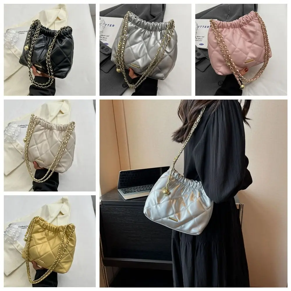 

Pu Leather Rhombic Lattice Chain Shoulder Bag Portable Underarm Bag Handbag Bucket Bag Silver Crossbody Bag Girls