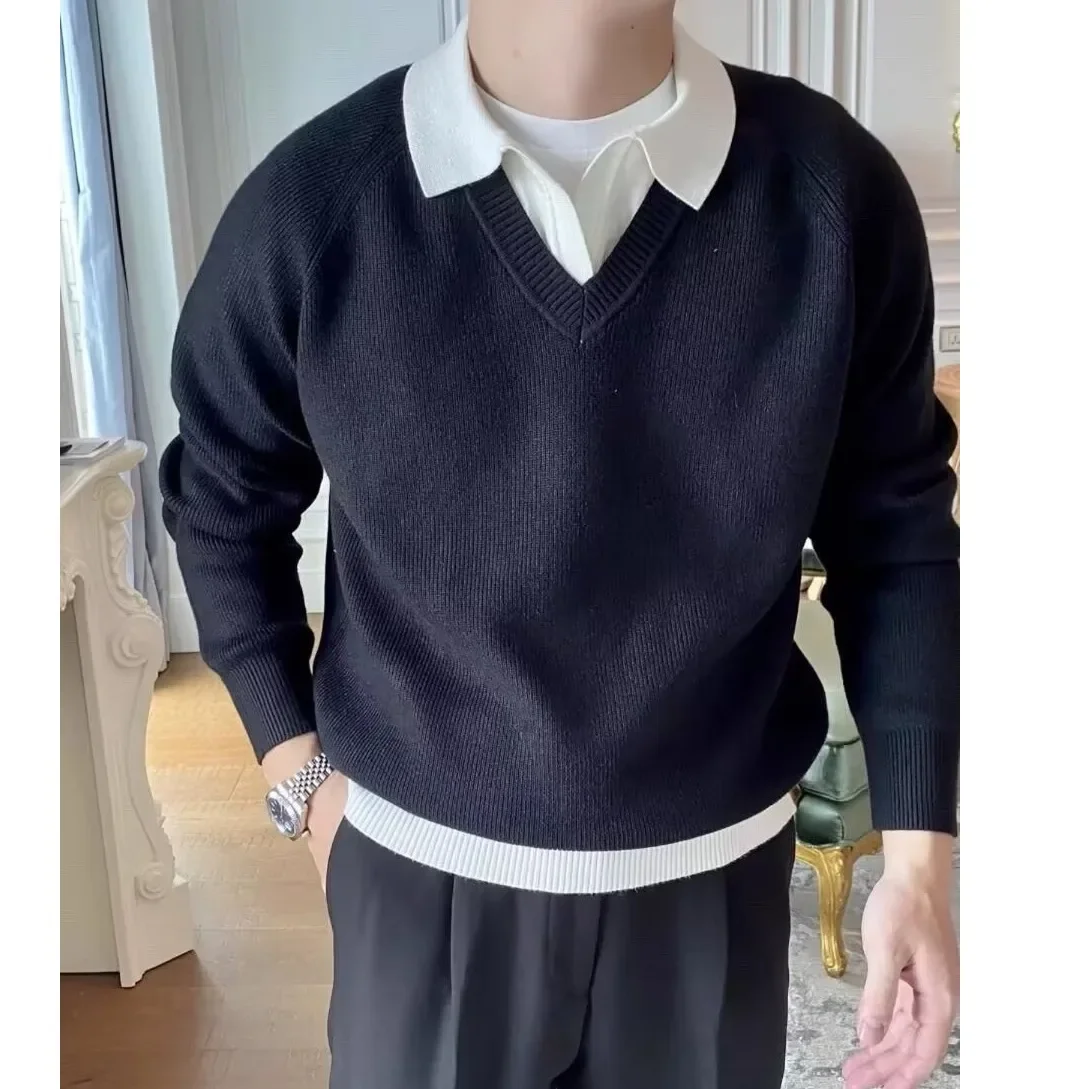 Мужская повседневная внутренняя трикотажная рубашка-поло с длинными рукавами