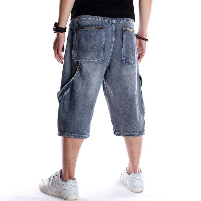 Summer Men's Wide Leg Denim Shorts Loose Straight Skating Pants Multi-pocket Shorts Middle Pants Jeans Plus Size