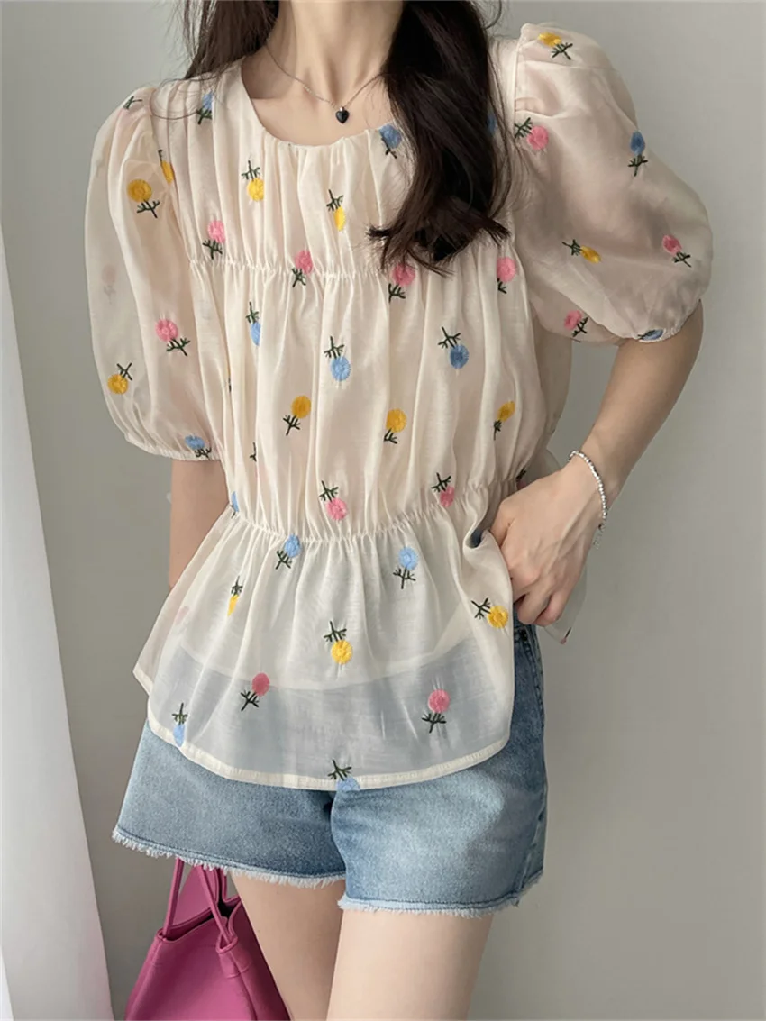 

HziriP M-L Sweet Blouses Embroidery Women Hot Retro Office Lady Casual Summer 2022 Fashion Loose Chic All Match New Blusas