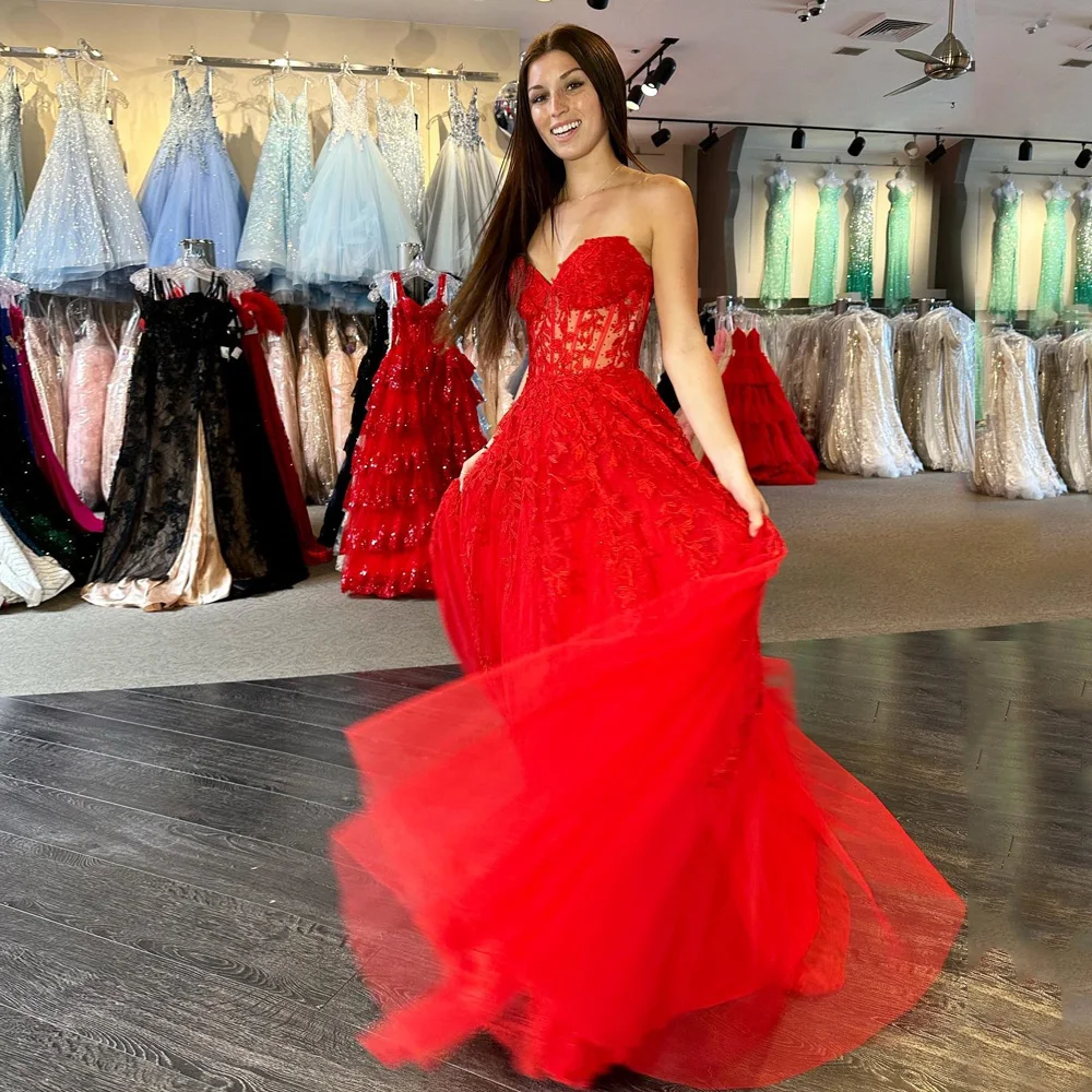 

Charming Red A Line Prom Dress 2024 Long Evening Party Gown Sweetheart Backless Lace Applique Woman Formal Pageant Wear Birthday