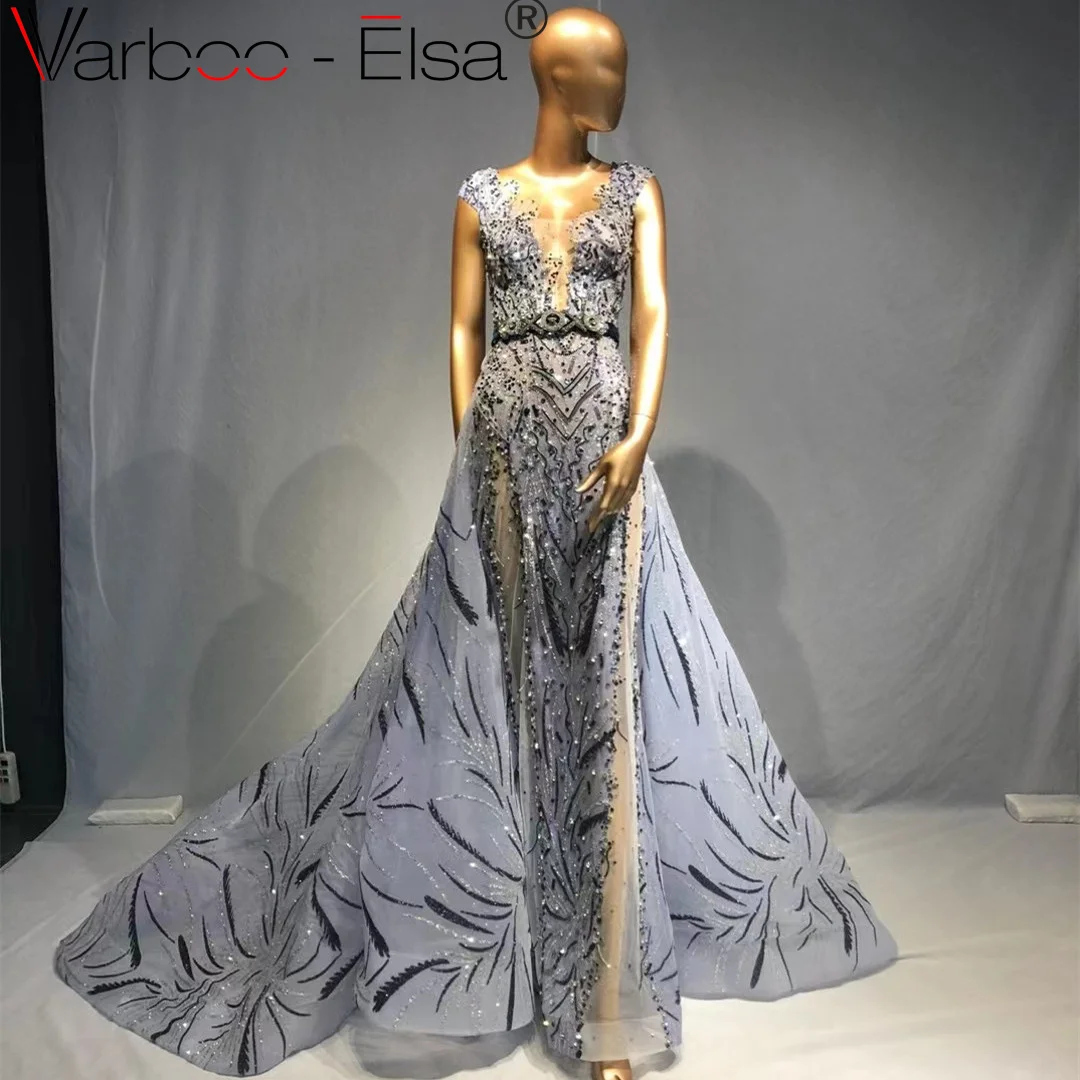 

Varboo_Elsa Luxury Elegant Blue Mermaid Arabic Evening Dresses with Overskirt Sleevesless For Woman Wedding Party Gown Plus Size