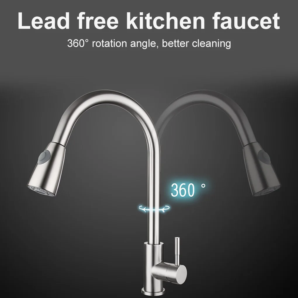 

Kitchen Sink Faucet Stainless Steel Swivel Spout Deck Mount Single Hole Pull-out Mixer Water Tap
