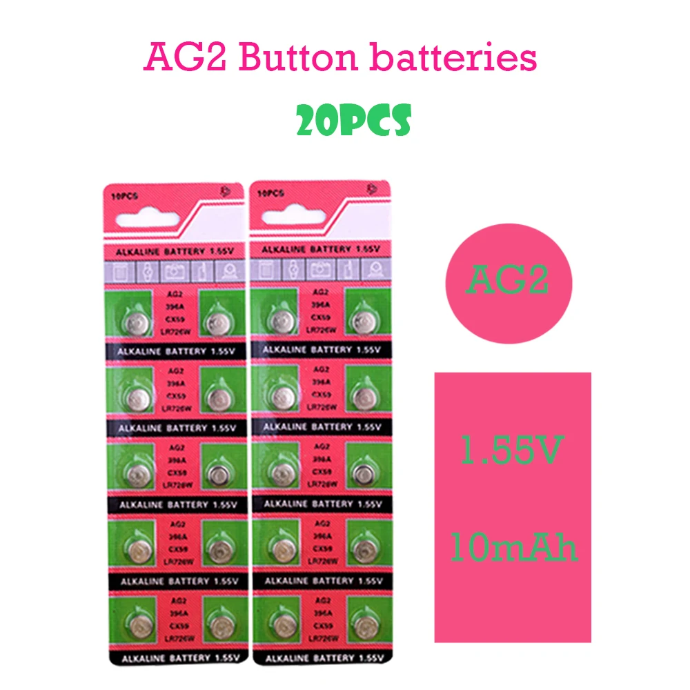 

Cheap AG2 20PCS 1.55V Alkaline Battery LR726 396 SR726 196 SG2 SR9 726 LR59 Cell Coin Batteries For Watch Toys Remoteys Remote