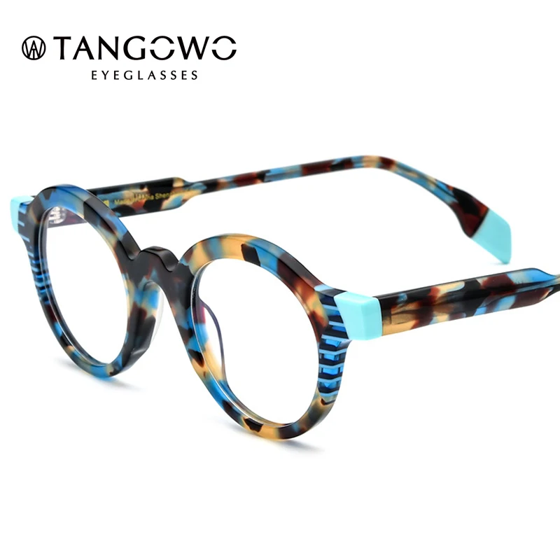 

TANGOWO Retro Round Fashion Eyeglasses Frame Men Women Acetate Frame Printing Stitching Color Computer Optical Frame Eyewear