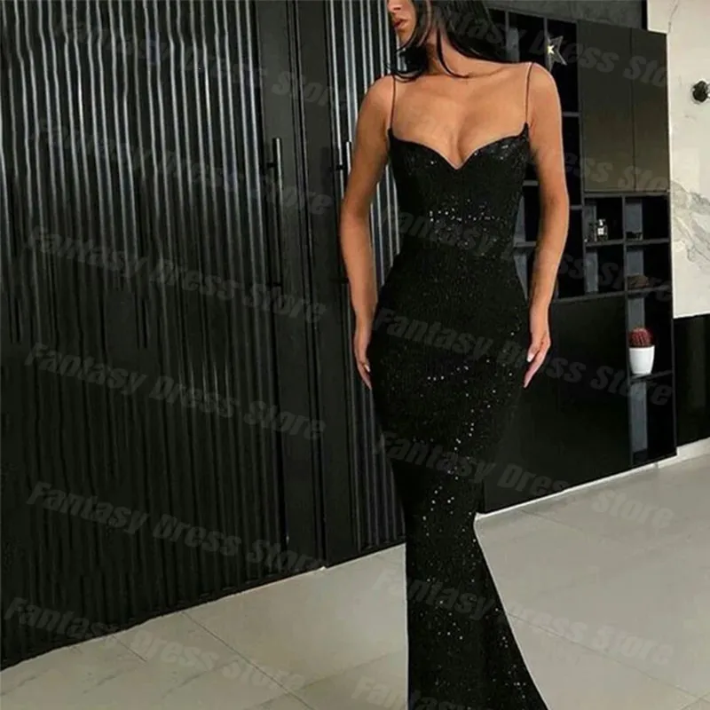 

Fantasy Dress Sexy Black Strap Mermaid Evening Dresses Sequin Sweetheart Backless Prom Dress Customization فساتين الحفلات