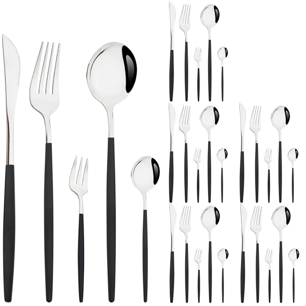 

Drmfiy 24/30Pcs Black Silver Cutlery Set Kitchen Stainless Steel Dinnerware Western Knife Fork Tea Spoons Flatware Tableware Set