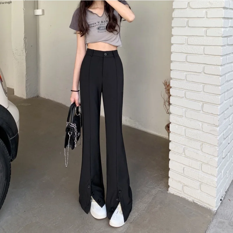 

High waist slim black split design casual pants micro slacks