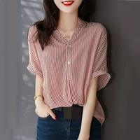 striped shirt short sleeve 2022 korean style new loose short sleeve womens top shirt chiffon vintage