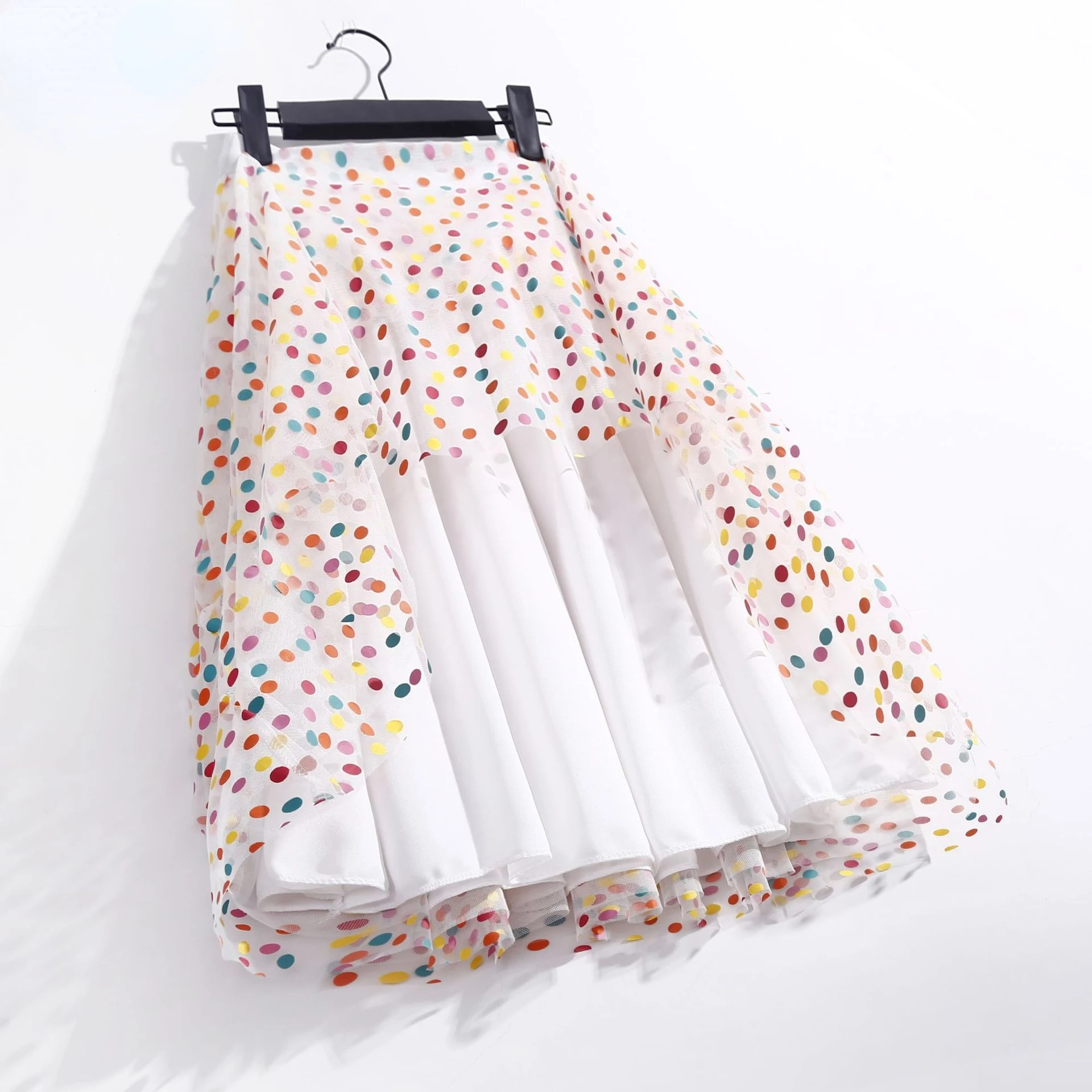 Женская фатиновая юбка в горошек трехслойная длинная 65 см балетная Радужная