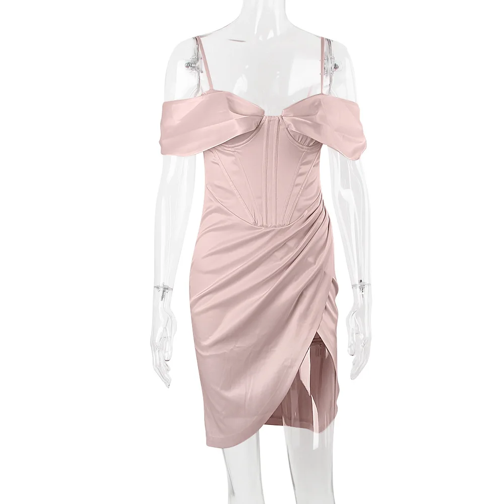 

Pink Sexy Split Pleated Corsetry Boning Satin Cocktail Dresses 2022 Solid Color Mini Draped Bodycon Night Prom Gowns with Straps