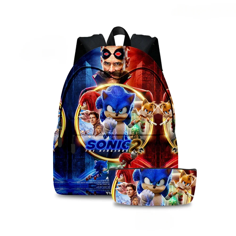 

2PC Sonic Schoolbag Double-layer Pencil Bag Printed Schoolbag Cartoon Shoulders Boys and Girls Zipper Schoolbag Children's Gifts