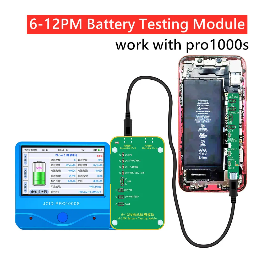 

JC Pro1000S Battery Testing Module for IPhone 6-13 Pro Max Batteries Serial Number/Cycle Times Reset Capacity Health Life Modify