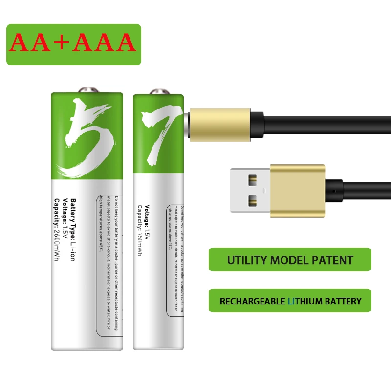 

2600mWh aa + aaa 750mWh1.5v lithium battery rechargeable battery support direct charging of TYPE-C line pilas recargables